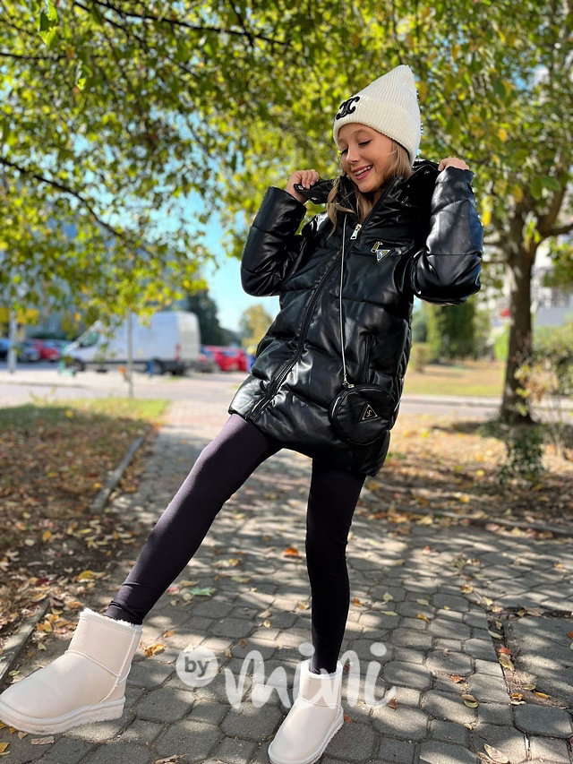 Eco leather zimní bunda s kabelkou černá