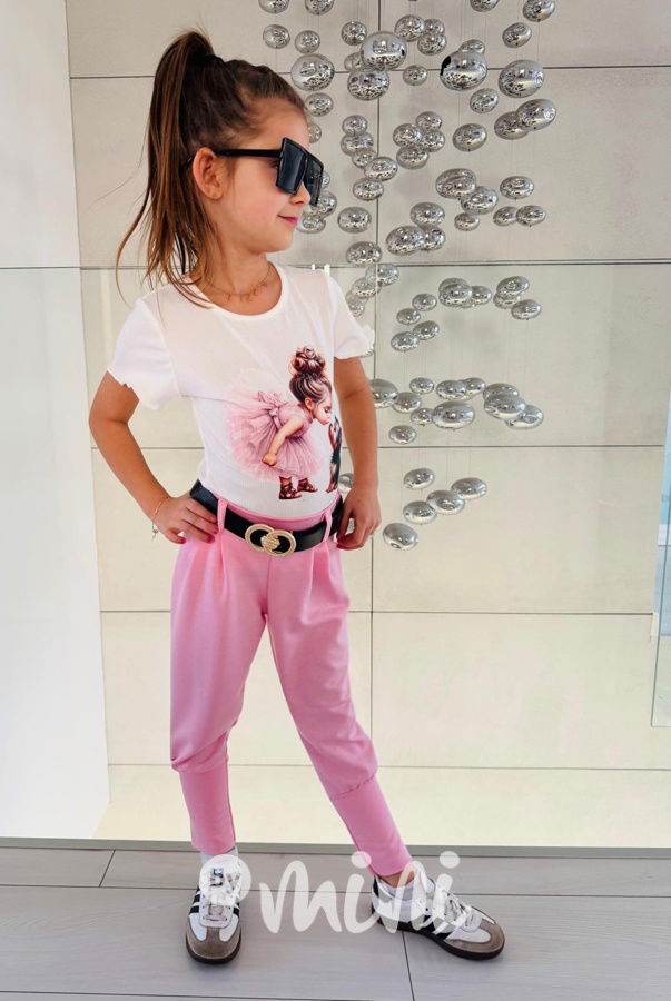 Růžové kalhoty s vysokým nápletem + pásek