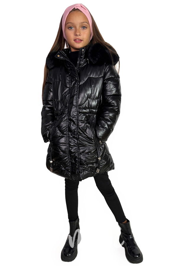 Metalický zimní kabát s kožíškem černý