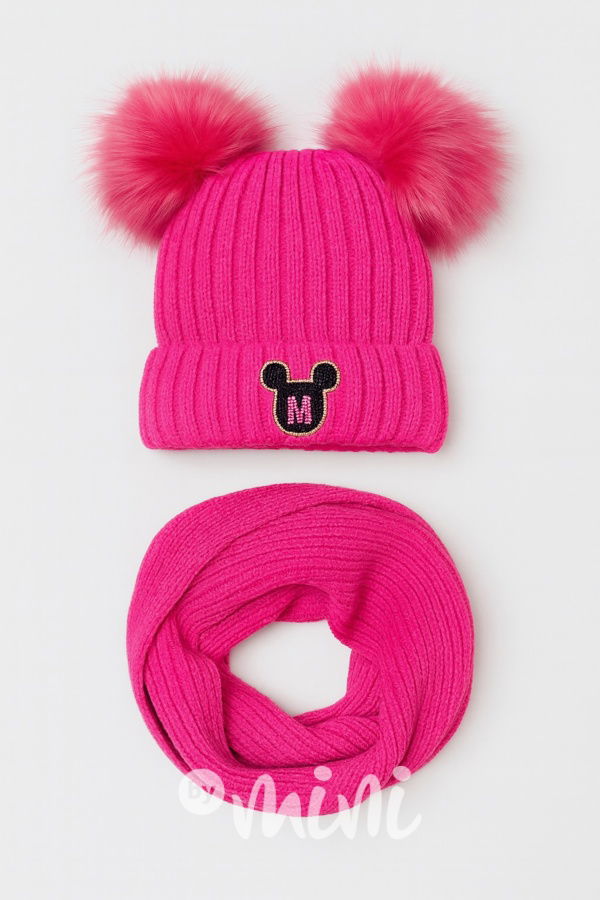 Zimní kulich s pompony + nákrčník PINK