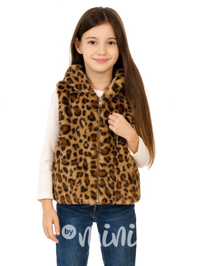Leopard chlupatá hoodie vesta