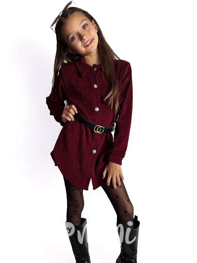Podzimní košilové šaty s páskem bordo