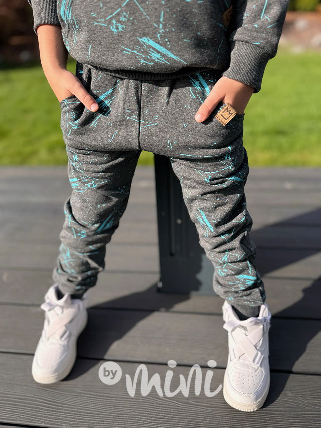 Zateplené šedé tepláky tyrkys splash