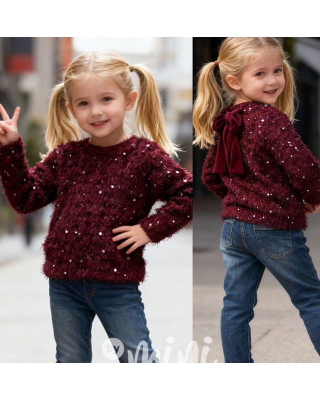 Chlupatý svetřík s flitry a mašlí bordo
