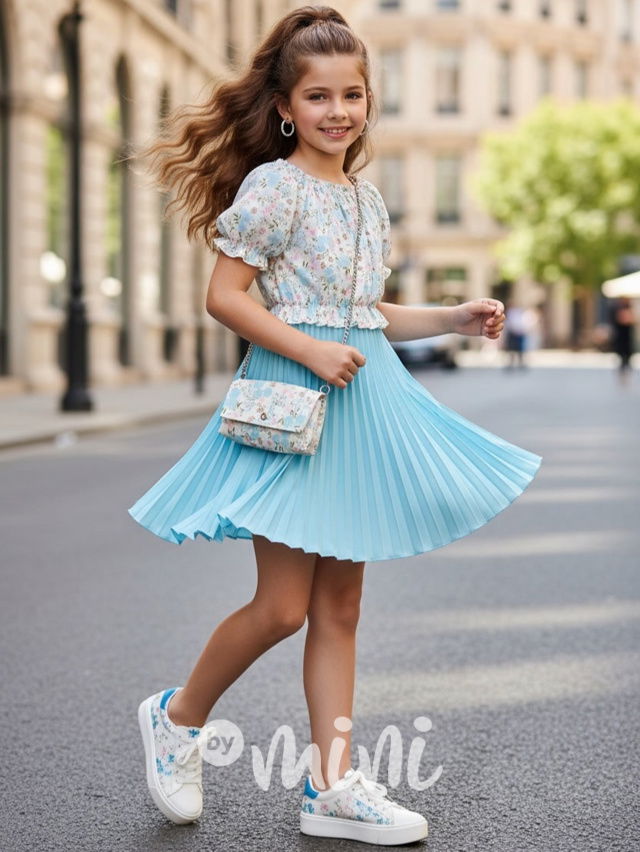 Květované šaty s plisovanou sukní + kabelka tyrkys