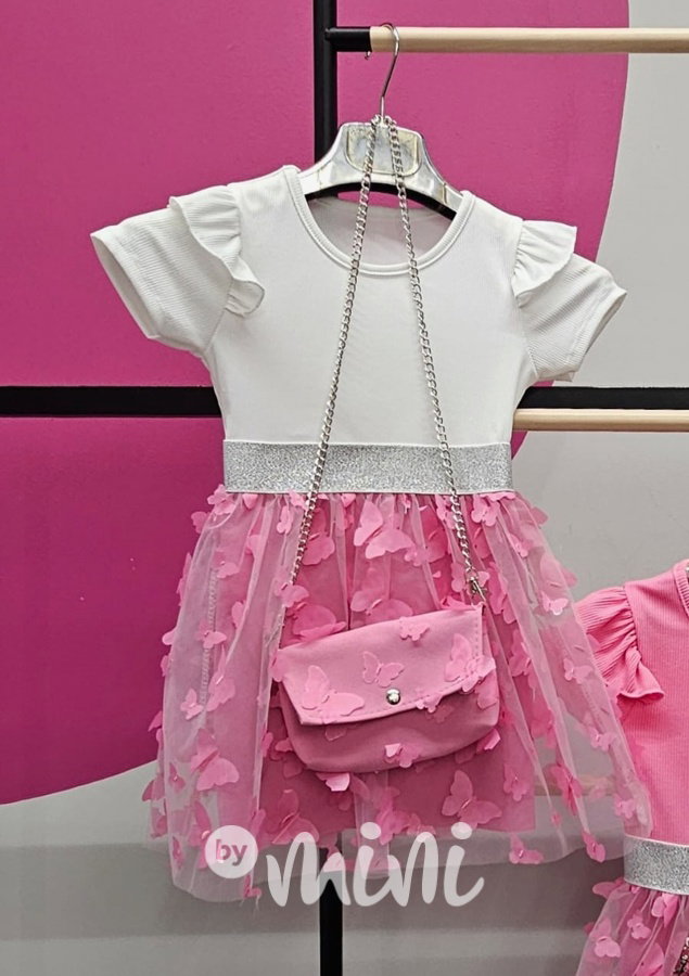 PREMIUM letní motýlkové šaty s kabelkou white/pink