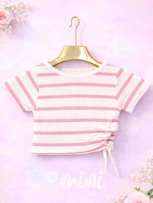 Pruhované crop triko na stahování white/pink