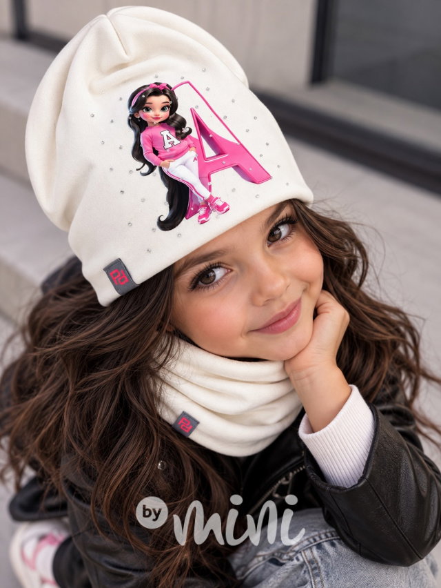 Pink Academy čepice + nákrčník s kamínky off white