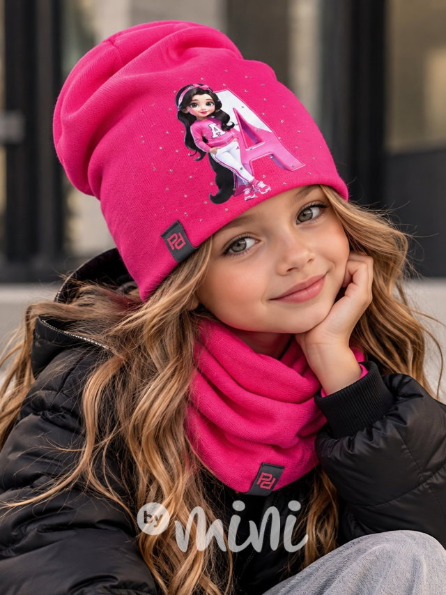 Academy čepice + nákrčník s kamínky dark pink