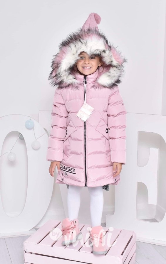 Dívčí zimní kabát se špičatou kapucí růžový