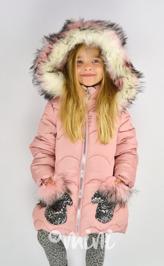 Dívčí zimní kabátek s flitrovými kapsami růžový
