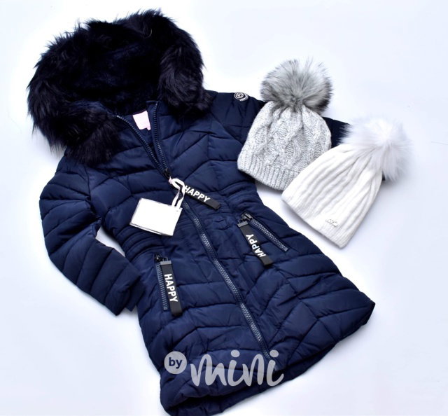 Modrý zimní kabát pro děti s kapucí a kožešinou 