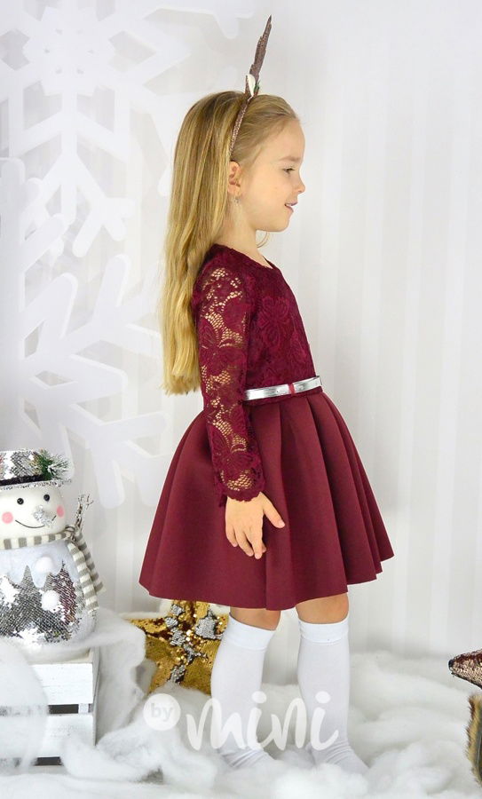 LUXURY BORDO dívčí šaty s krajkou 