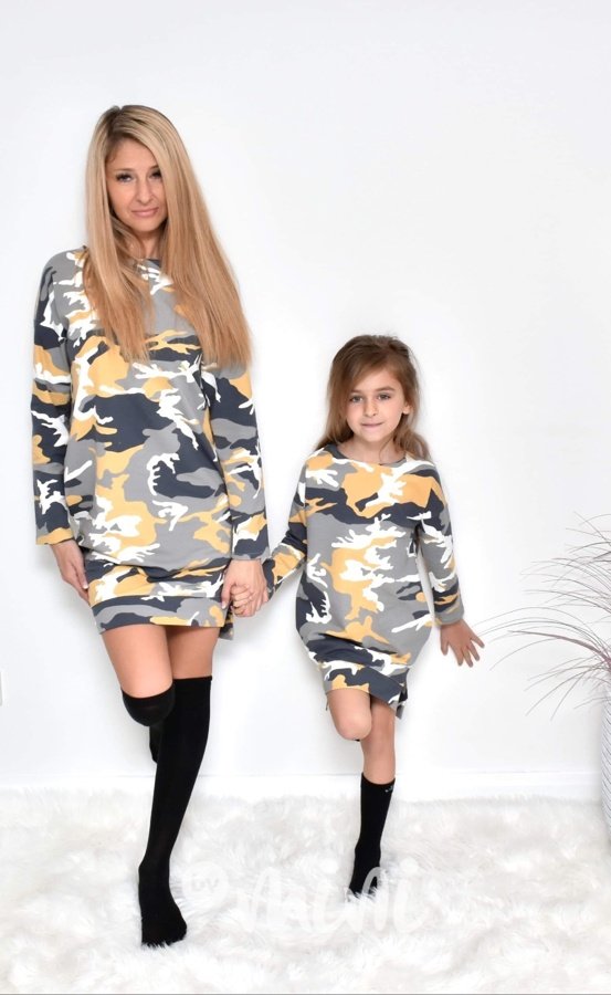Mustard army sporty šaty - stejné šaty matka a dcera
