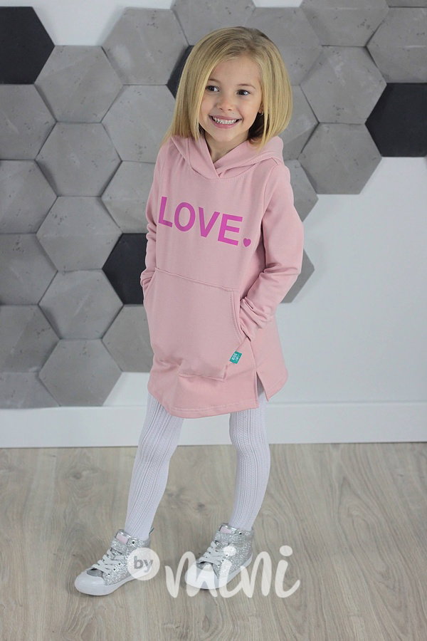 LOVE hoodie dress s kapucí růžová