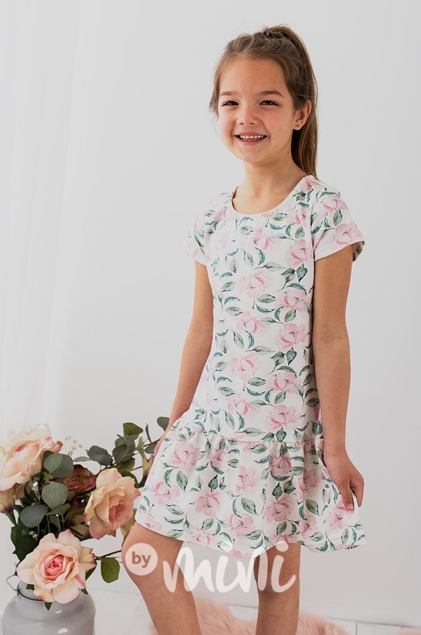 Letní dívčí šaty s krátkým rukávem, květinový vzor