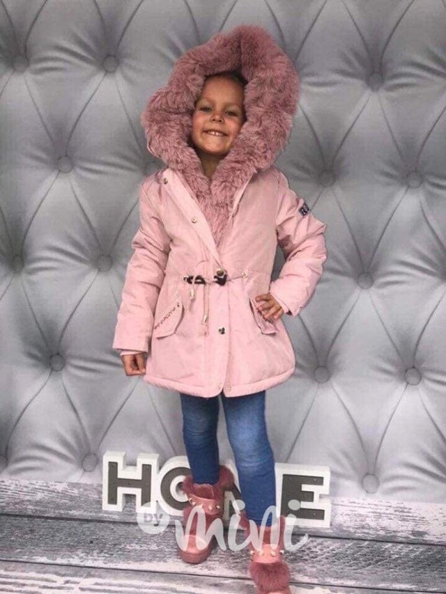 Růžová zimní dívčí parka bunda s kapucí a kožíškem