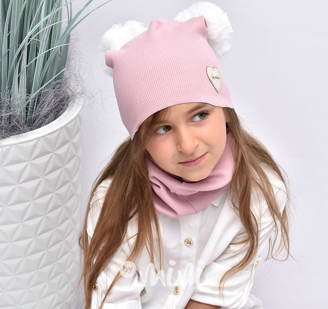 Starorůžová žebrovaná  houmleska s nákrčníkem - bílé pompony