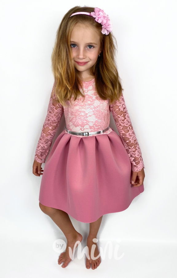 Dívčí dětské růžové šaty s nemačkavou kolovou sukní a krajkou