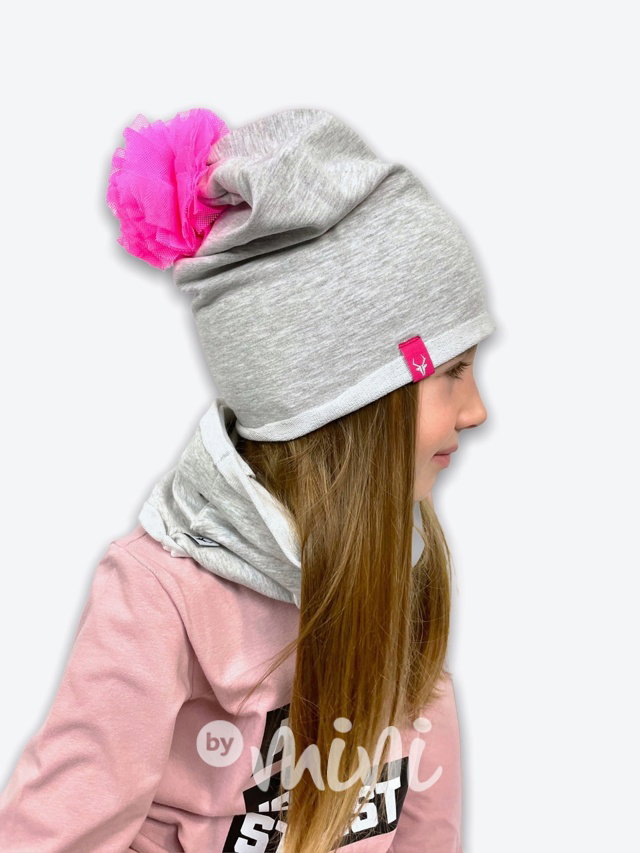 Šedá beanie čepice s neon pomponem + nákrčník
