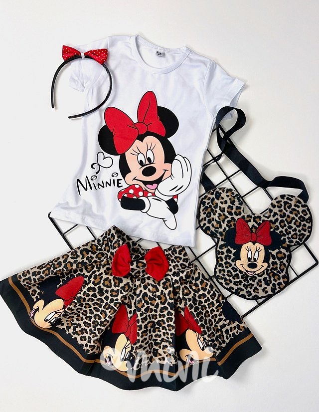 4-dílný Minnie dívčí set animal - sukně, triko, kabelka, čelenka