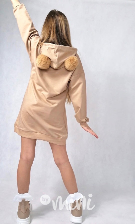 Hoodie mikinová tunika s bambulkama beige