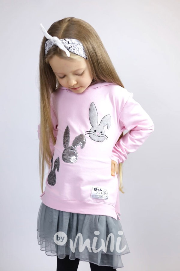 Bunny hoodie tunika s tylem a flitry pink