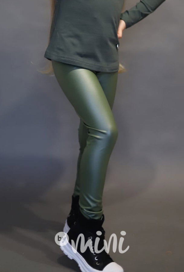Eco leather thin legíny khaki