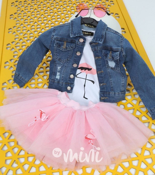Flamingo tutu 3-dílný set s jeans bundou