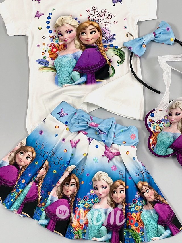4-dílný Frozen set - sukně, triko, kabelka, čelenka