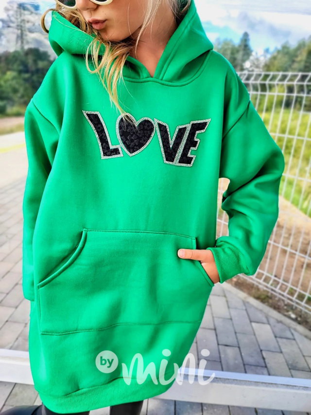 LOVE flísové mikinové hoodie šaty zelené