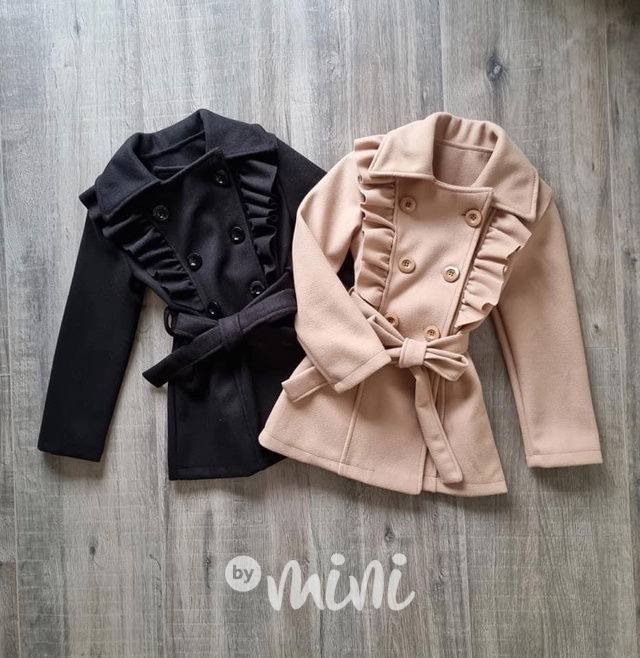 Flaušový kabát s volánky černý