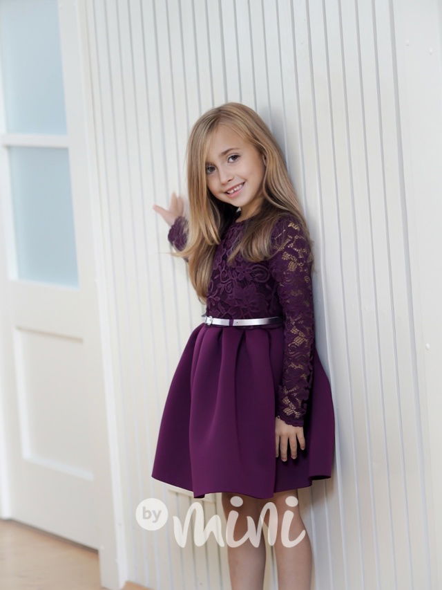 Dětské slavnostní a svatební šaty s krajkou, balonovou sukní a dlouhým rukávem fialové purple