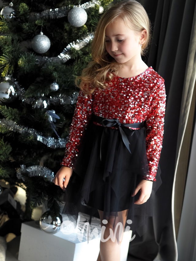 Metallic red flitr šaty s tylem