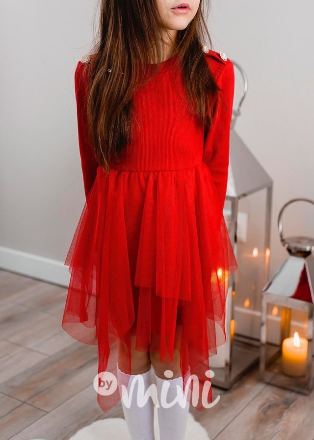 Žebrované šaty s tylem červené