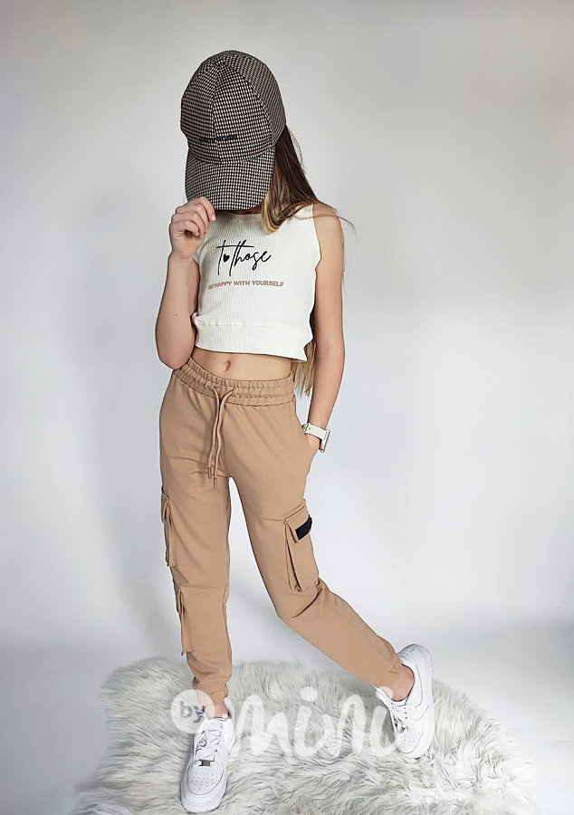 Žebrovaný sporty crop top HAPPY cream