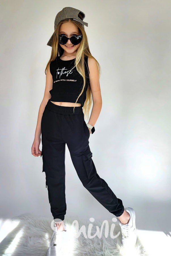 Žebrovaný sporty crop top HAPPY black