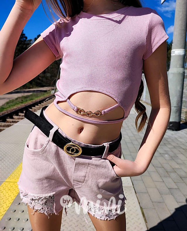 Stretch jeans kraťasy s páskem pink