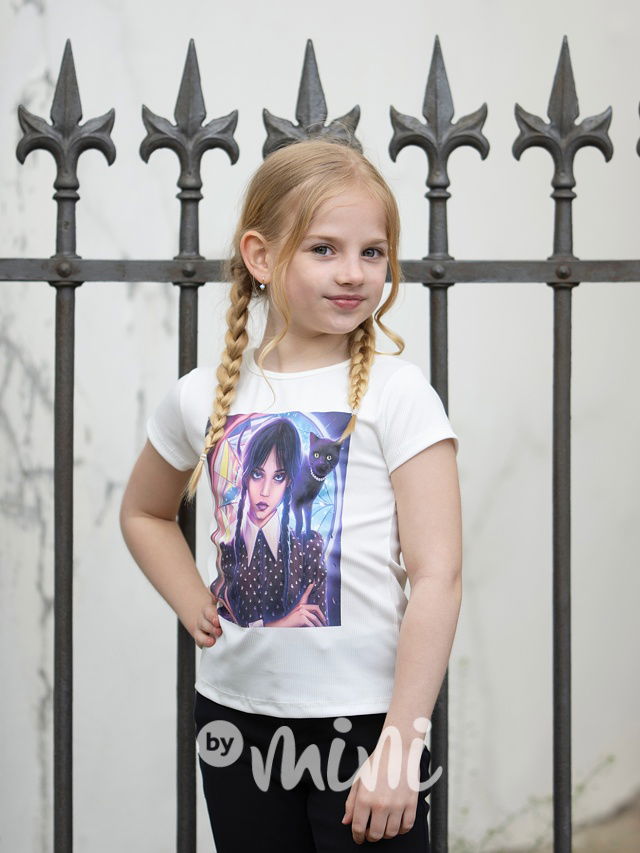 Wednesday žebrované triko cat bílé