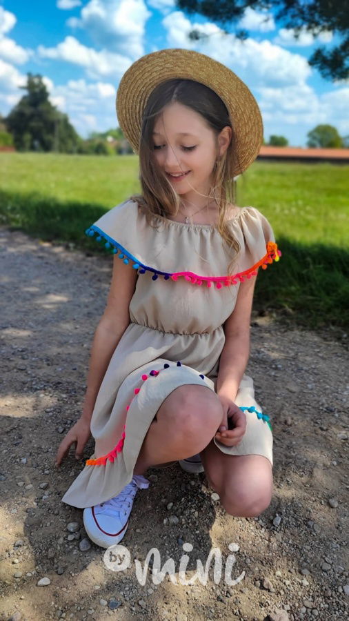 Boho beach dress pompon beige