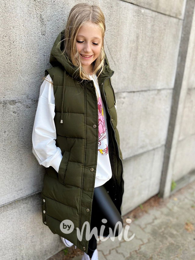 Long khaki vesta s kožíškem uvnitř