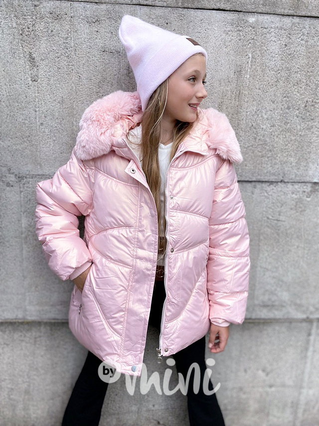 Zimní metalická long bunda pink