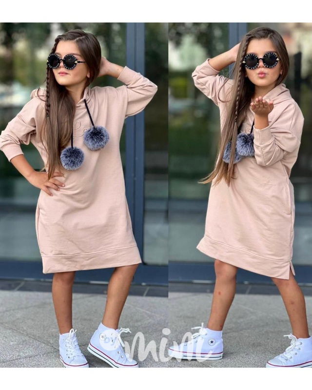 Hoodie mikinové šaty pompon beige