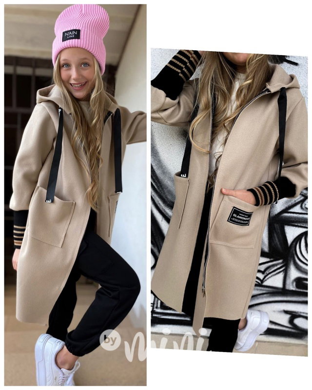 Fashion flauš kabátek s náplety beige