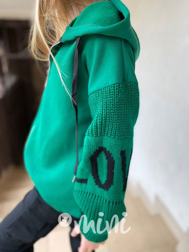 LOVE teplá mikina se svetrovými rukávy zelená
