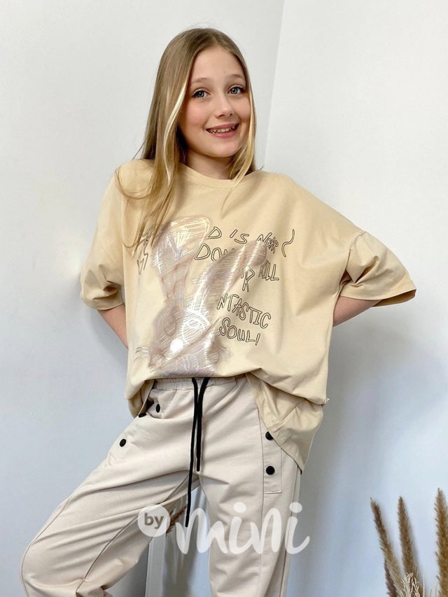 Premium oversize triko metallic bunny beige