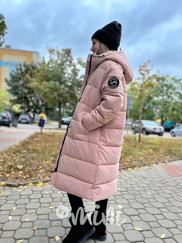 Maxi dlouhý zimní kabát DESIGN růžový