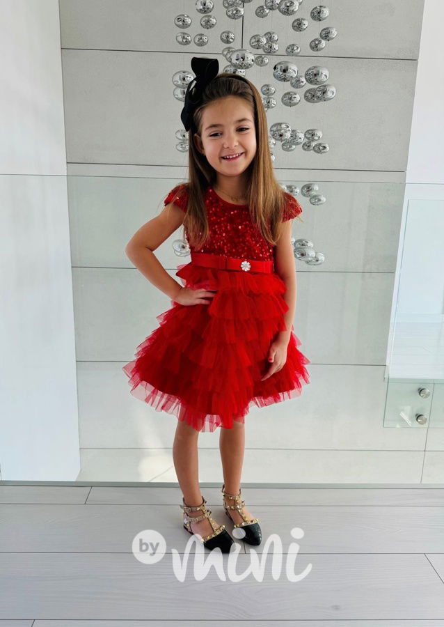 PREMIUM červené flitr šaty s tylem - krátký rukáv