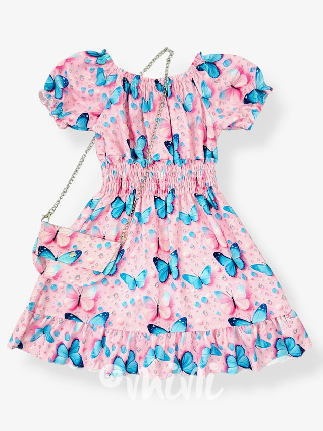 Pink/Tyrkys motýlkové šaty s kabelkou