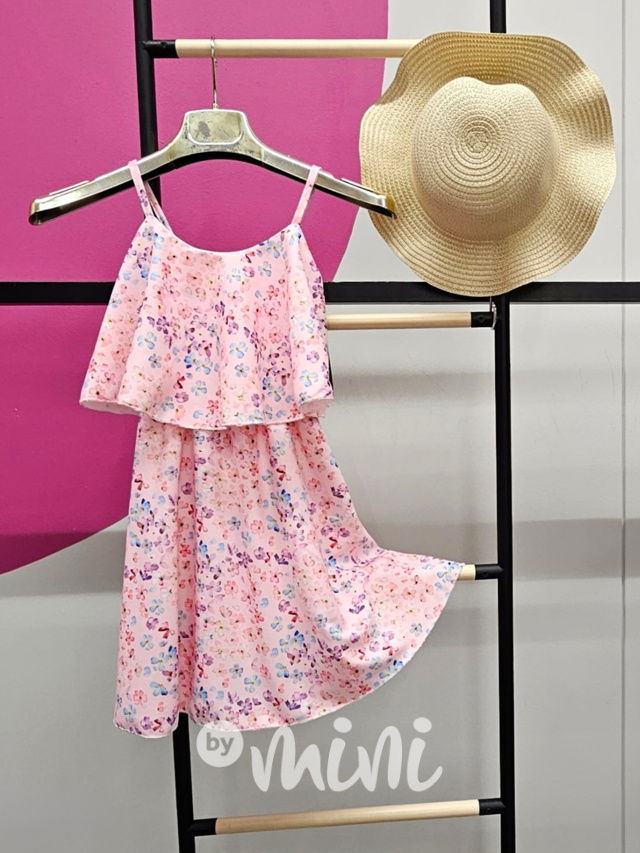 Květované pink letní šaty s kloboučkem